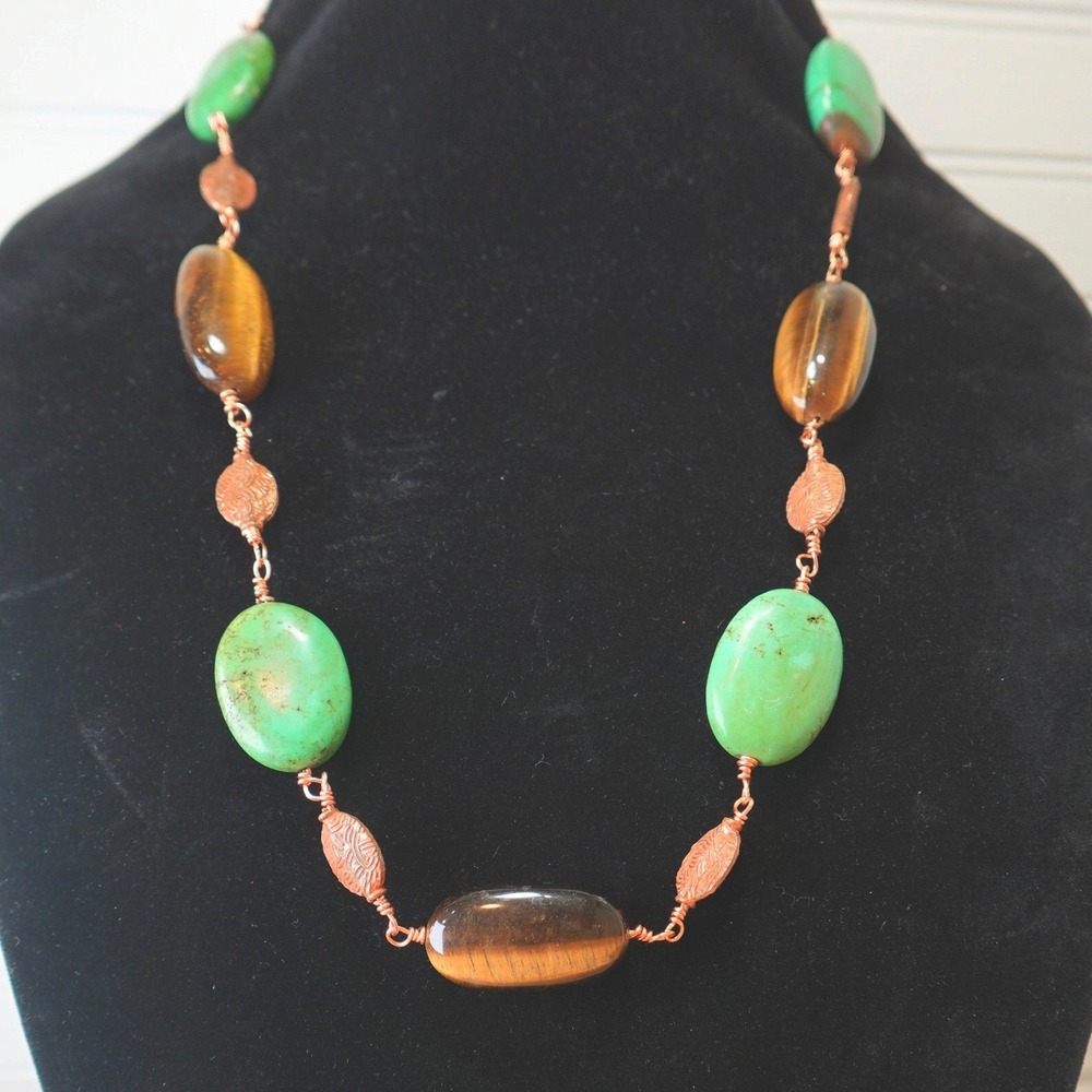 Vintage Chunky Cats Eye & Turquoise Necklace Y2K 90s Copper Spacer Beads Clasp